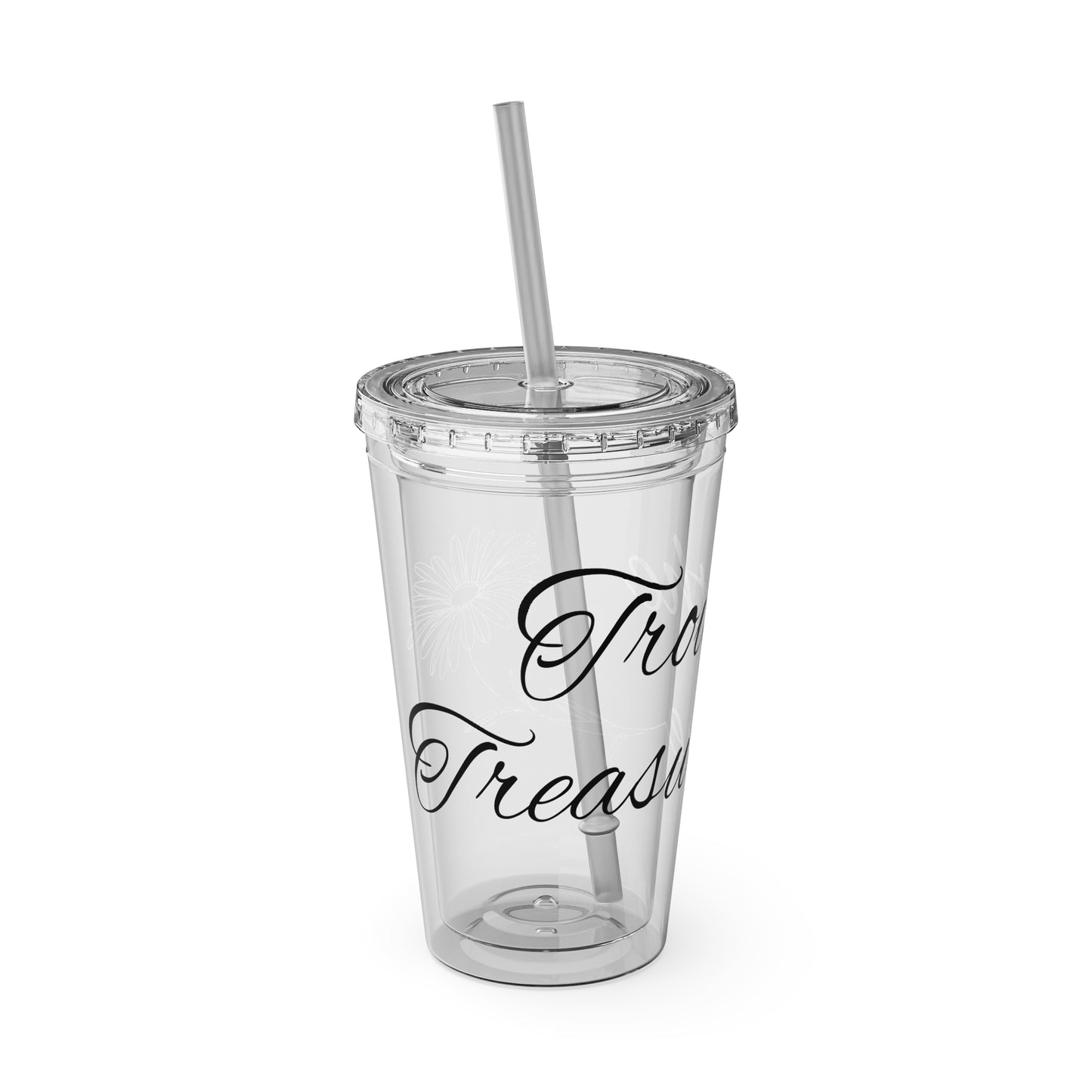Sunsplash 16oz Tumbler with Straw - 'Treasure' Design, Clear Travel Cup for Drinks, Perfect Gift for All Occasions