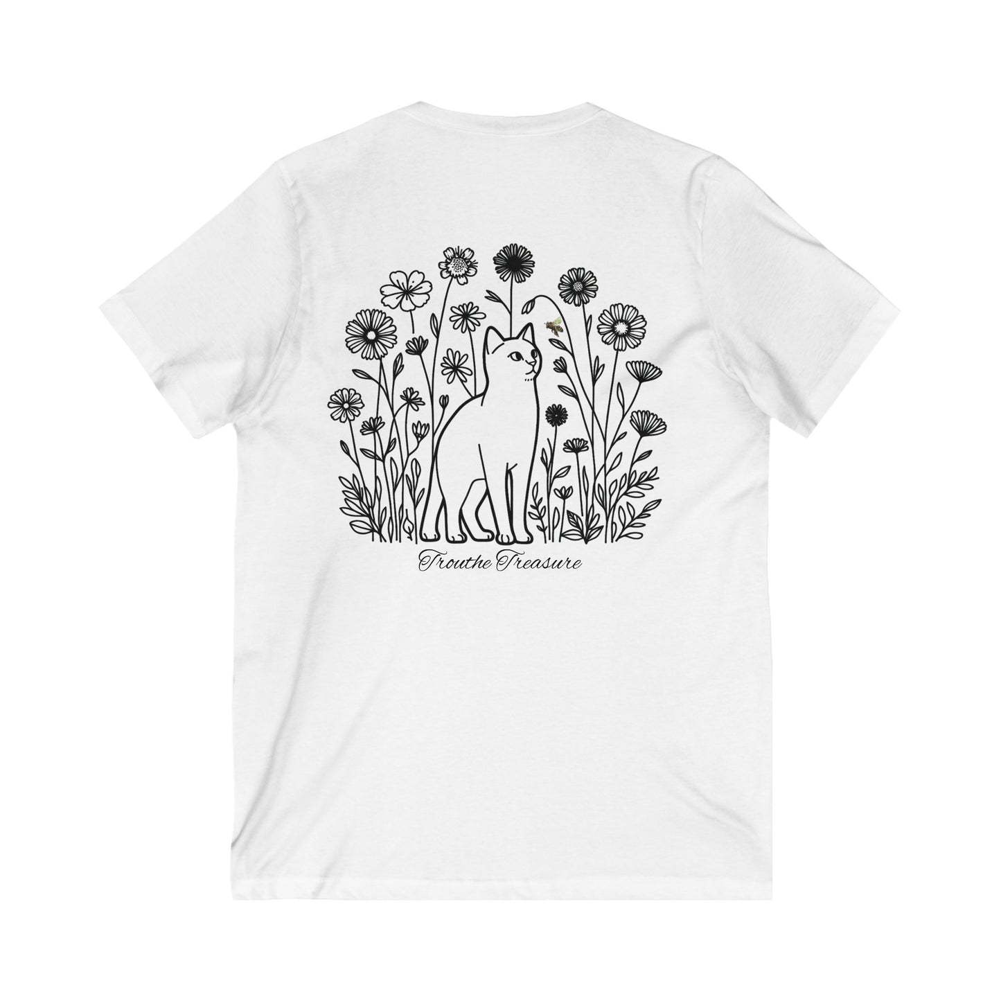 Unisex V-Neck Tee - 'Creative Treasure' Graphic Cat & Floral Design