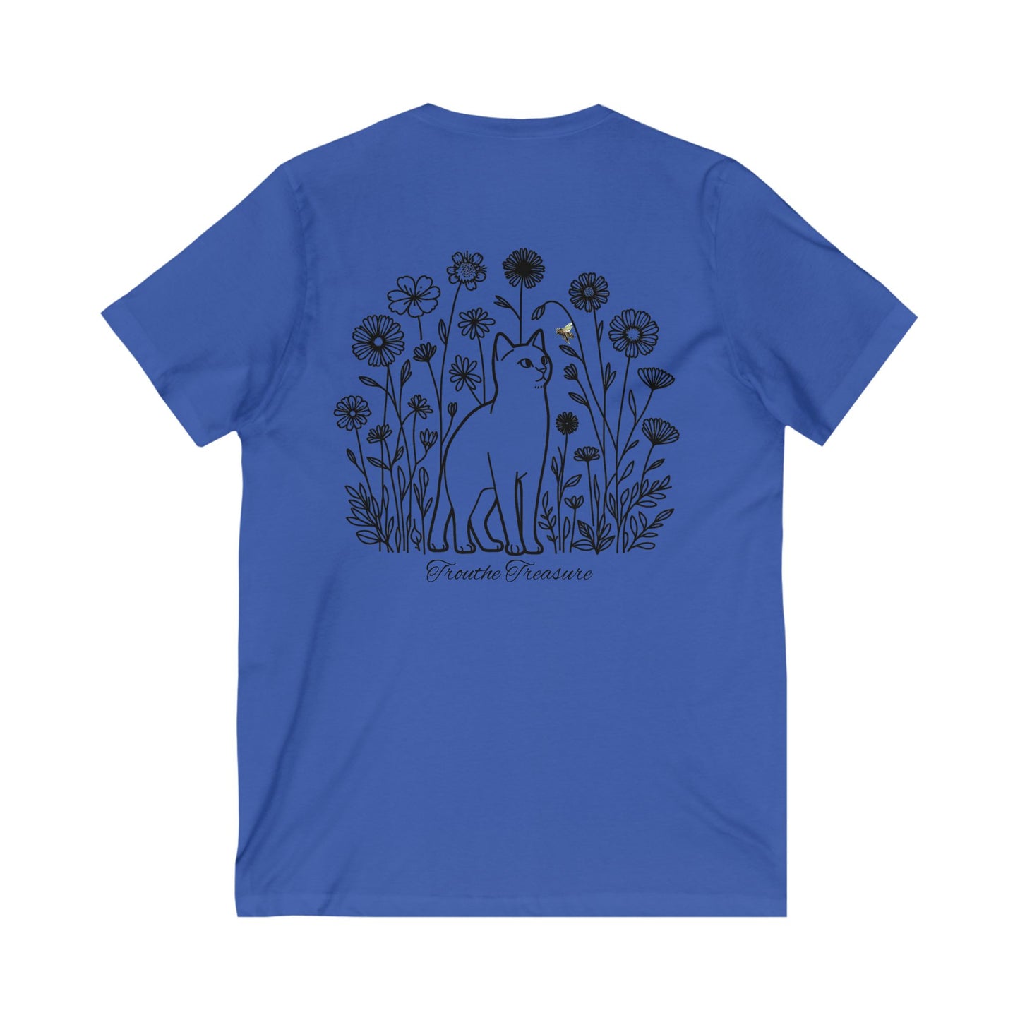 Unisex V-Neck Tee - 'Creative Treasure' Graphic Cat & Floral Design