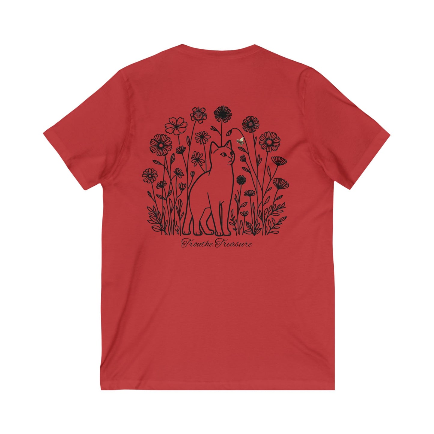 Unisex V-Neck Tee - 'Creative Treasure' Graphic Cat & Floral Design