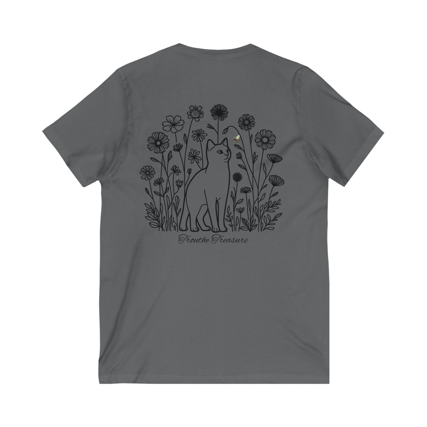 Unisex V-Neck Tee - 'Creative Treasure' Graphic Cat & Floral Design
