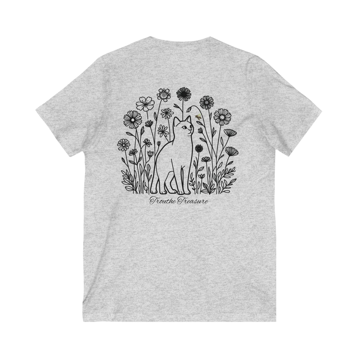 Unisex V-Neck Tee - 'Creative Treasure' Graphic Cat & Floral Design