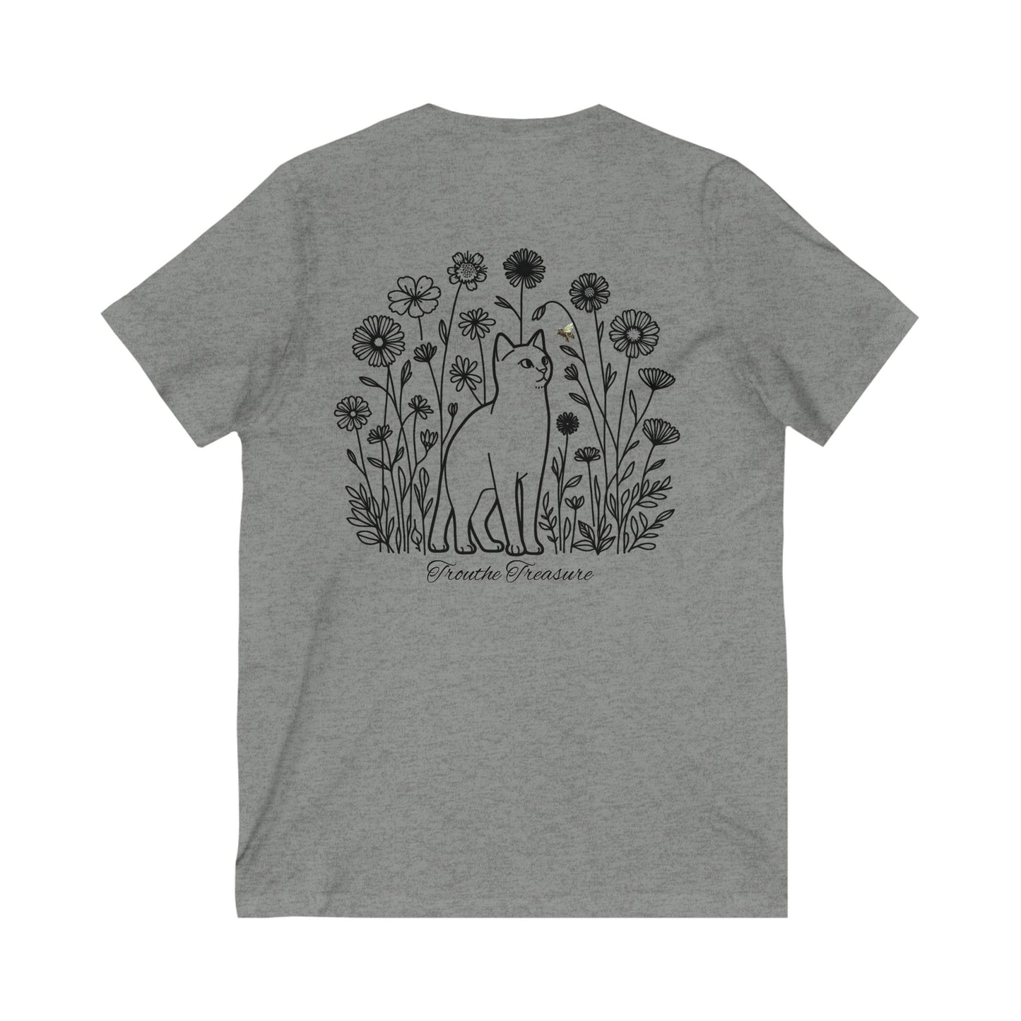 Unisex V-Neck Tee - 'Creative Treasure' Graphic Cat & Floral Design