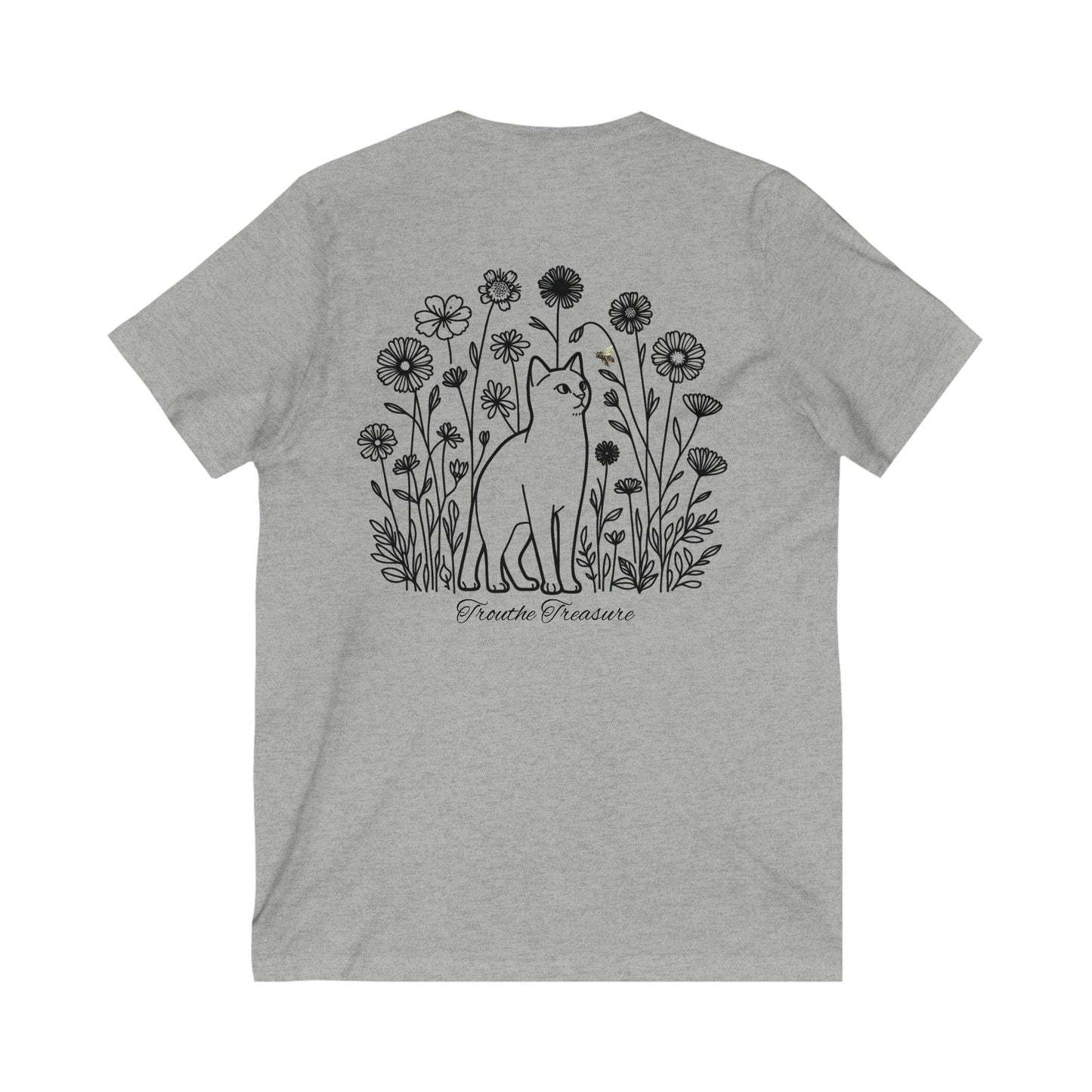 Unisex V-Neck Tee - 'Creative Treasure' Graphic Cat & Floral Design