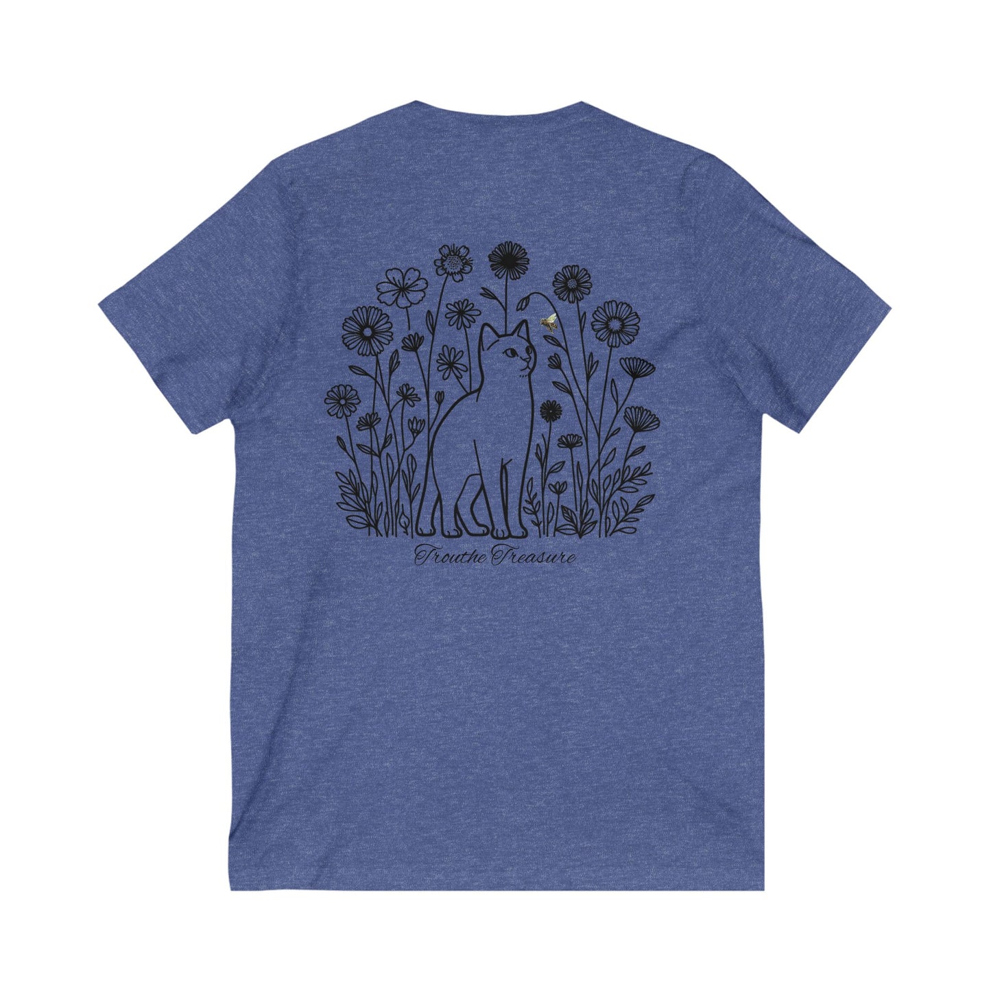 Unisex V-Neck Tee - 'Creative Treasure' Graphic Cat & Floral Design
